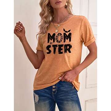 Women's Momster T-Shirt - Funny Halloween Spider Bat Graphic Tee Casual Wear
