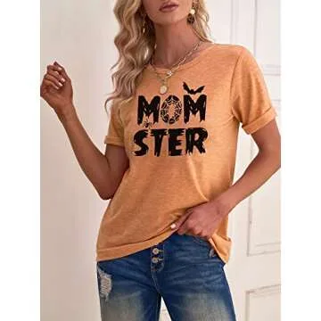 Women's Momster T-Shirt - Funny Halloween Spider Bat Graphic Tee Casual Wear
