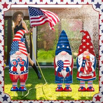 Umigy 3 Pcs 4th of July Yard Sign 32 x 10 Inch Patriotic Gnome Outdoor Sign with Stakes Independence...