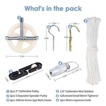 TooTaci Outdoor Clothesline Kit, 5" Nylon Clothes Line Pulley Kit, 150ft Clothesline Pulley Kit, Pol...
