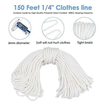 TooTaci Outdoor Clothesline Kit, 5" Nylon Clothes Line Pulley Kit, 150ft Clothesline Pulley Kit, Polyester Clothesline Rope Heavy Duty, Clotheslines S Separator Spreader, Clothesline Tightener, Hook