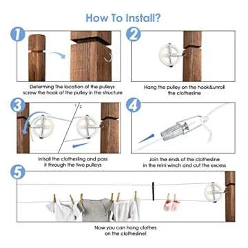 TooTaci Outdoor Clothesline Kit, 5" Nylon Clothes Line Pulley Kit, 150ft Clothesline Pulley Kit, Polyester Clothesline Rope Heavy Duty, Clotheslines S Separator Spreader, Clothesline Tightener, Hook