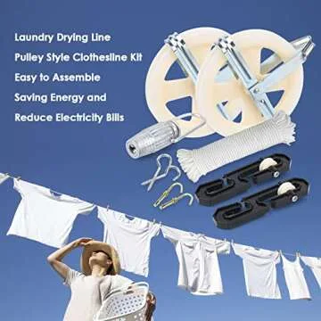 TooTaci Outdoor Clothesline Kit, 5" Nylon Clothes Line Pulley Kit, 150ft Clothesline Pulley Kit, Polyester Clothesline Rope Heavy Duty, Clotheslines S Separator Spreader, Clothesline Tightener, Hook
