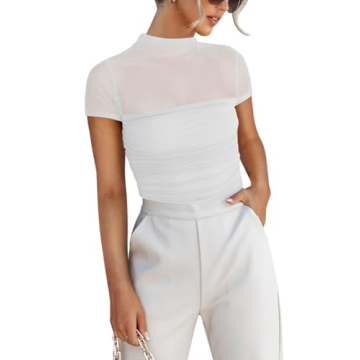 REORIA Women’s Summer Sexy Mock Turtle Neck Short Sleeve Slimming Shirts Sheer Mesh Ruched Fashion...