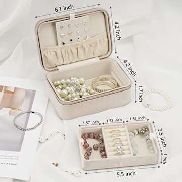 ATAIMEISEN Travel Jewelry Box Organizer Plush Velvet Small Jewelry Organizer Travel Mini Storage Organizer Portable Jewellery Case Boxes for Women Girls Gift/cream colored