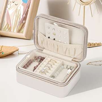 ATAIMEISEN Travel Jewelry Box Organizer Plush Velvet Small Jewelry Organizer Travel Mini Storage Organizer Portable Jewellery Case Boxes for Women Girls Gift/cream colored