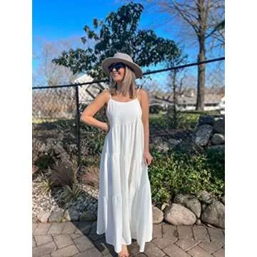 LOGENE Womens Summer Maxi Dress Beach Casual Boho Loose Fit White Dresses Trendy Spaghetti Strap Tiered Flowy Swing Sundress 2024 Women Spring Break Fashion Swim Cover Up Outfits 523-baise-L