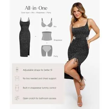 Popilush Shapewear Cocktail Dresses for Women Sparkly Midi Dress Tummy Control Square Neck Ruched Formal Dress Side Slit Black