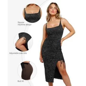 Popilush Shapewear Cocktail Dresses for Women Sparkly Midi Dress Tummy Control Square Neck Ruched Formal Dress Side Slit Black