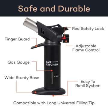 EurKitchen Premium Culinary Butane Torch with Gauge, Safety Lock, Adjustable Flame, Guard- Refillabl...