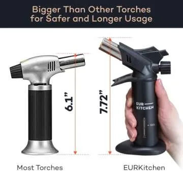EurKitchen Premium Culinary Butane Torch with Gauge, Safety Lock, Adjustable Flame, Guard- Refillable Cooking Torch Lighter for Creme Brulee, BBQ, Baking, Soldering, Crafts- Butane Gas Not Included