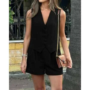 PRETTYGARDEN Women's 2 Piece Sets Sexy Solid Color Vest Fashion Shorts with Pocket Formal Outfits Spring Fashion 2025(Solid Black,Small)