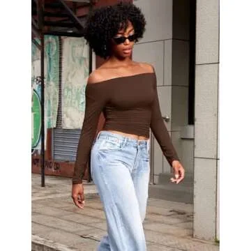YEOREO Sophie Women Off Shoulder Long Sleeve Shirts Double Lined Basic Undershirt Y2K Going Out Tops Deep Brown-S