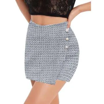 Floerns Women's Tweed Wrap Button Front High Waist Asymmetrical Skirt Shorts Black and White S