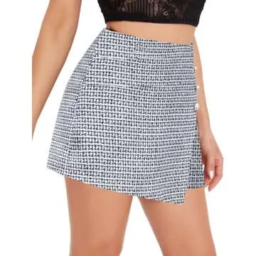 Floerns Women's Tweed Wrap Button Front High Waist Asymmetrical Skirt Shorts Black and White S