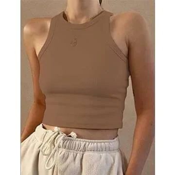 MISSACTIVER Women Basic Sleeveless Vest Crop Tank Top Casual Crew Neck Binding Crop Top (Medium, Kha...