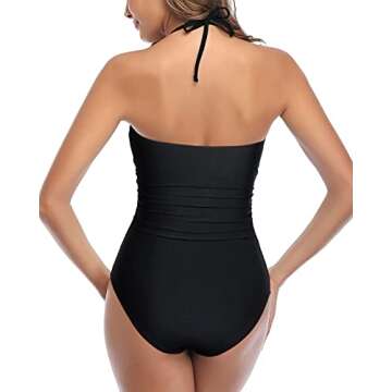 Tempt Me Women Black Sexy Cutout One Piece Swimsuits Tummy Control High Waisted Halter Front Tie Knot Bathing Suit L