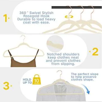 Premium Ivory Velvet Hangers - Rose Gold Swivel Hooks -Non Slip Sturdy Suit Hangers- Felt Hangers-Space Saving Clothes Hangers 50 Pack for Skirts Coats(Ivory/Rosegold, 50 Pack)