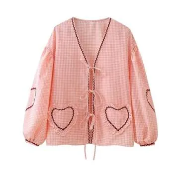 Gihuo Women's Y2k Tie Front Long Sleeve Plaid Top