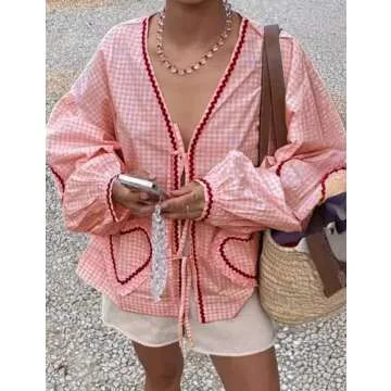 Gihuo Women's Y2k Tie Front Long Sleeve Plaid Top