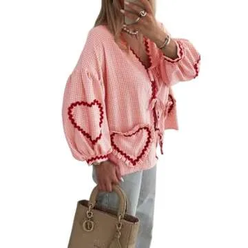 Gihuo Women's Y2k Tie Front Long Sleeve Plaid Top