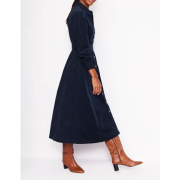 YEXPINE Women's Corduroy Maxi Dress Long Sleeve Cord Button Down Shirt Flowy Long Dress with Belt Navy