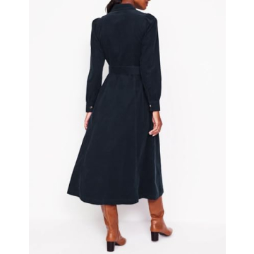 YEXPINE Women's Corduroy Maxi Dress Long Sleeve Cord Button Down Shirt Flowy Long Dress with Belt Navy