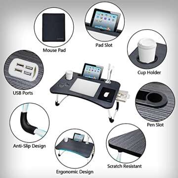 Laptop Desk,Lap Desk, Foldable Desk Bed Tray, Lap Desk for Bed with USB Charge Port/Cup Holder/Storage Drawer for Multi-Function Notebook Stand for Working,Reading