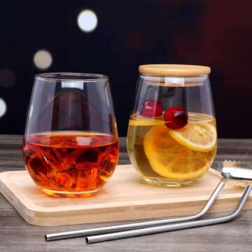 Encheng Stemless Wine Glasses Set of 6,Red Wine Glass Cup with Lids,Clear Crystal Wine Tumbler with Lids and Straws,20 OZ Beverage Cups for White Wine,Mixed Drinks,Home Bar