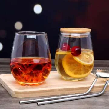 Encheng Stemless Wine Glasses Set of 6,Red Wine Glass Cup with Lids,Clear Crystal Wine Tumbler with Lids and Straws,20 OZ Beverage Cups for White Wine,Mixed Drinks,Home Bar