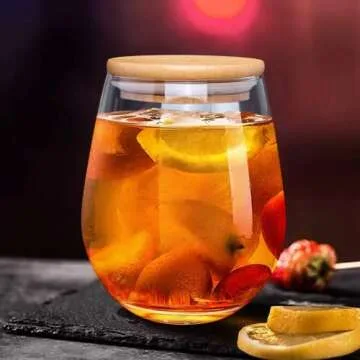 Encheng Stemless Wine Glasses Set of 6,Red Wine Glass Cup with Lids,Clear Crystal Wine Tumbler with Lids and Straws,20 OZ Beverage Cups for White Wine,Mixed Drinks,Home Bar