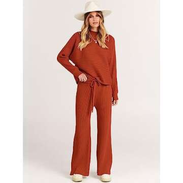 ANRABESS Women's Two Piece Outfits Crop Top Wide Leg Pants Cozy Knit Sweater Lounge Sets 2024 Fall T...
