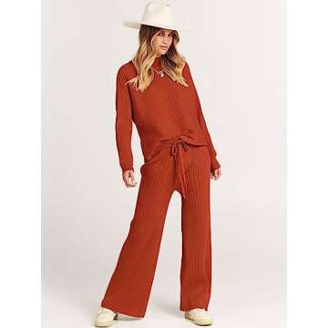 ANRABESS Women's Two Piece Outfits Crop Top Wide Leg Pants Cozy Knit Sweater Lounge Sets 2024 Fall Trendy Travel Clothes Rust Large