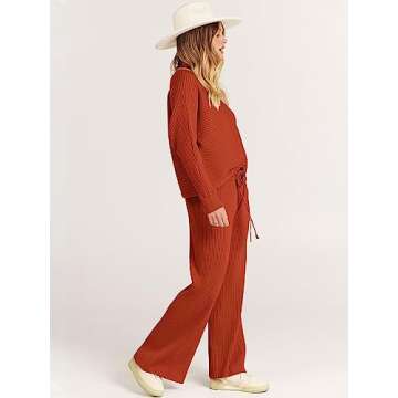 ANRABESS Women's Two Piece Outfits Crop Top Wide Leg Pants Cozy Knit Sweater Lounge Sets 2024 Fall Trendy Travel Clothes Rust Large