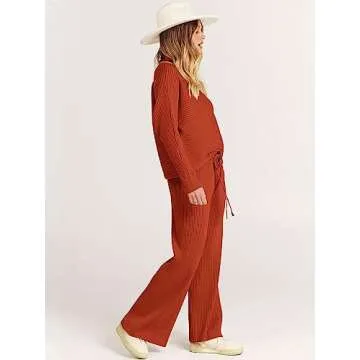 ANRABESS Women's Two Piece Outfits Crop Top Wide Leg Pants Cozy Knit Sweater Lounge Sets 2024 Fall Trendy Travel Clothes Rust Large