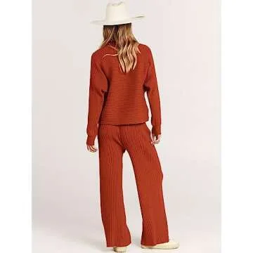 ANRABESS Women's Two Piece Outfits Crop Top Wide Leg Pants Cozy Knit Sweater Lounge Sets 2024 Fall Trendy Travel Clothes Rust Large