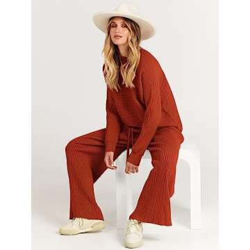 ANRABESS Women's Two Piece Outfits Crop Top Wide Leg Pants Cozy Knit Sweater Lounge Sets 2024 Fall Trendy Travel Clothes Rust Large