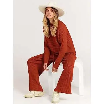 ANRABESS Women's Two Piece Outfits Crop Top Wide Leg Pants Cozy Knit Sweater Lounge Sets 2024 Fall Trendy Travel Clothes Rust Large