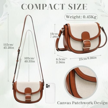 Kasqo Crossbody Bag for Women,Vegan Leather Fashion Small Shoulder Bag Ladies Handbag Saddle Purse Canvas Patchwork Apricot