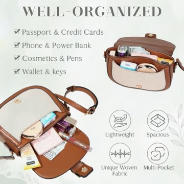 Kasqo Crossbody Bag for Women,Vegan Leather Fashion Small Shoulder Bag Ladies Handbag Saddle Purse Canvas Patchwork Apricot