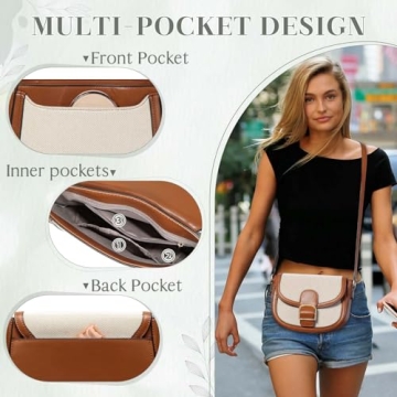 Kasqo Crossbody Bag for Women,Vegan Leather Fashion Small Shoulder Bag Ladies Handbag Saddle Purse Canvas Patchwork Apricot