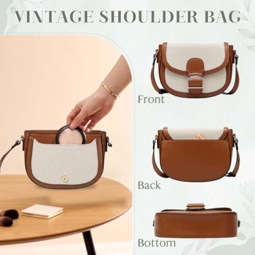Kasqo Crossbody Bag for Women,Vegan Leather Fashion Small Shoulder Bag Ladies Handbag Saddle Purse Canvas Patchwork Apricot