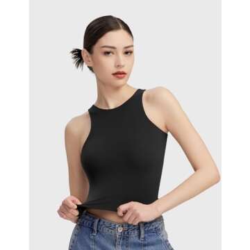 PUMIEY Black Tank Top for Women Sleeveless Womens Tops High Neck Racer Back Crop Tops, Jet Black Small