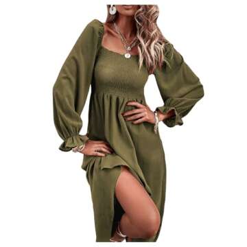 Floerns Women's Boho Floral Print Square Neck Flounce Sleeve A Line Long Dress Army Green L