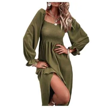 Floerns Women's Boho Floral Print Square Neck Flounce Sleeve A Line Long Dress Army Green L