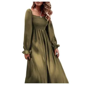 Floerns Women's Boho Floral Print Square Neck Flounce Sleeve A Line Long Dress Army Green L