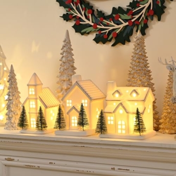 AOMOONOA Light Up Ceramic Christmas Village House Set with Trees - 3 Pcs