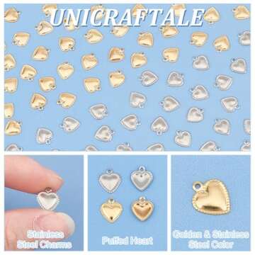 UNICRAFTALE 200pcs 2 Colors Heart Charms Stainless Steel Tiny Heart Pendants 1-1.2mm Small Hole Heart Charms Valentine Love Charms for DIY Necklace Bracelet Earring Jewelry Making