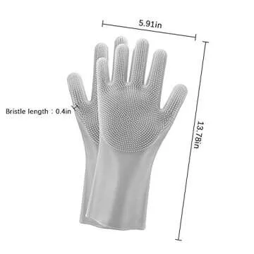 Magic washing Gloves, Reusable Silicone Dishwashing Gloves with Scrubbers for Kitchen, Bathroom Cleaning, Pet Hair Care, Car Washing, 1 Pair, Gray