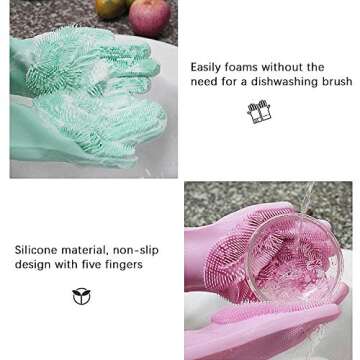 Magic washing Gloves, Reusable Silicone Dishwashing Gloves with Scrubbers for Kitchen, Bathroom Cleaning, Pet Hair Care, Car Washing, 1 Pair, Gray